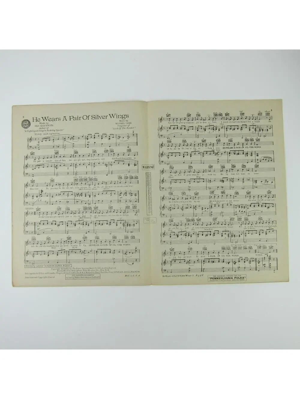 Sheet Music He Wears A Pair Of Silver Wings Abe Lyman Carr Maschwitz Vintag 1941